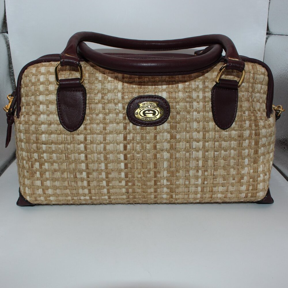 Vintage Etienne Aigner Handbag Straw with Leather Top, Handles, and Strap